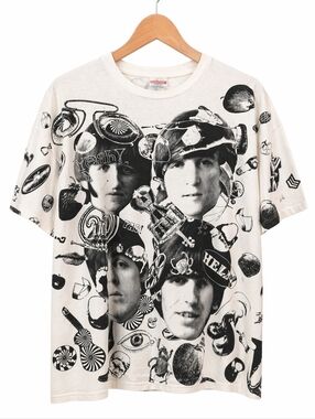Vintage Beatles All-Over Print Graphic Tee White Black XL Band T-Shirt